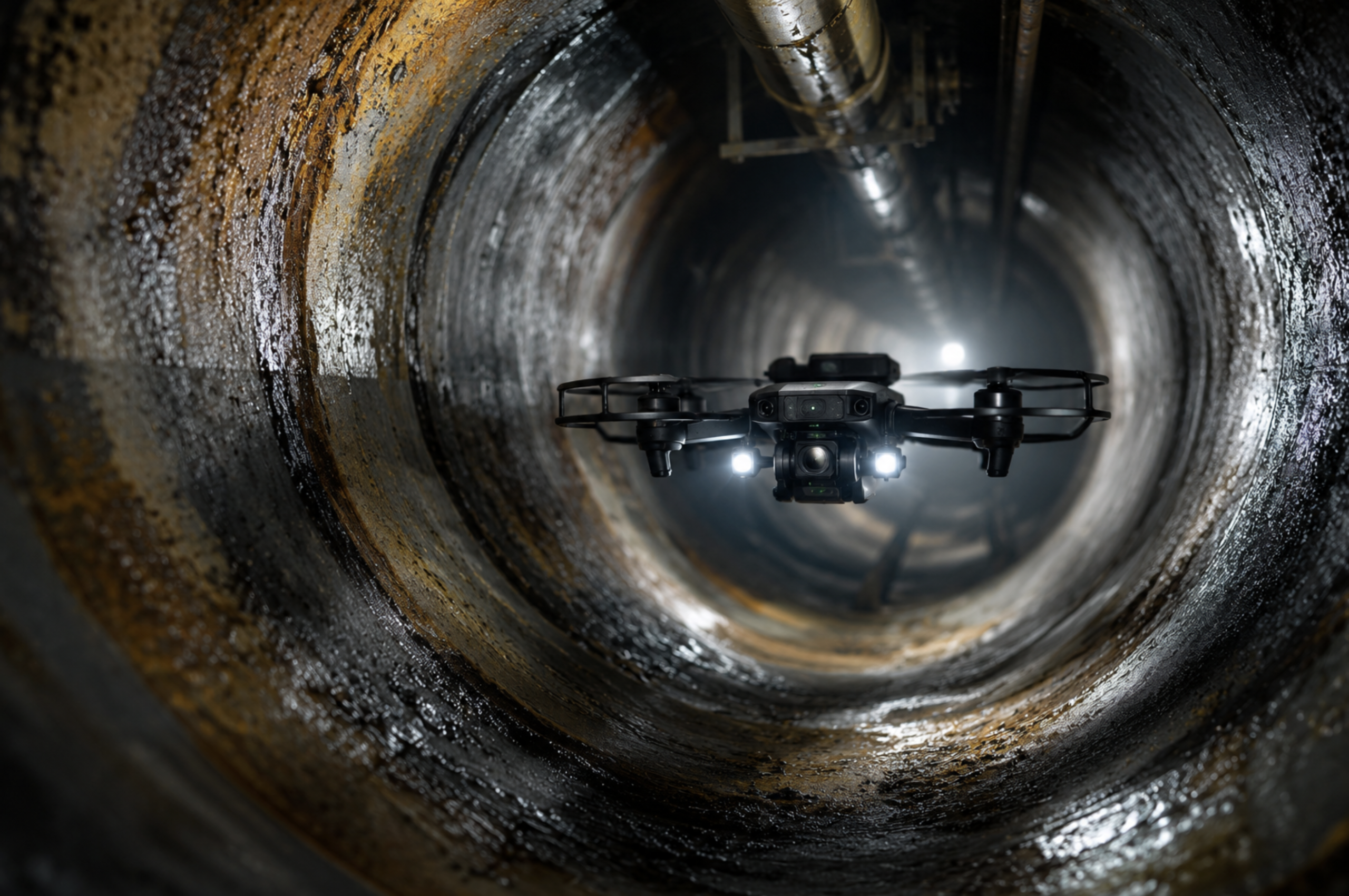 Penstock Inspection Services drone inspecting a dewatered pressure conduit