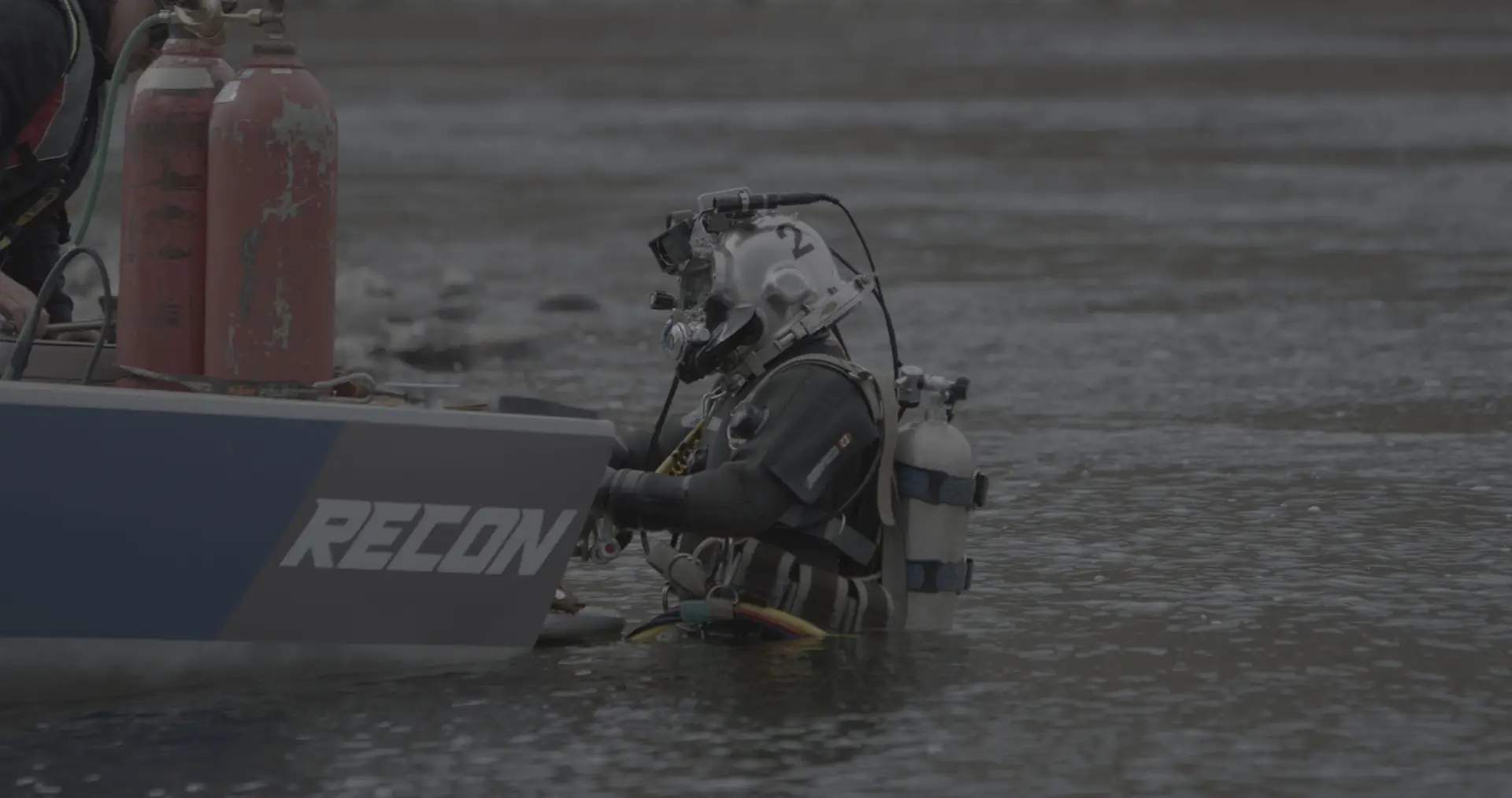 Commercial diving work platform supporting Dam Construction Services in Canada