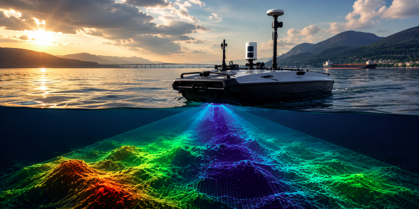 Multibeam bathymetric survey producing a colourful underwater terrain model