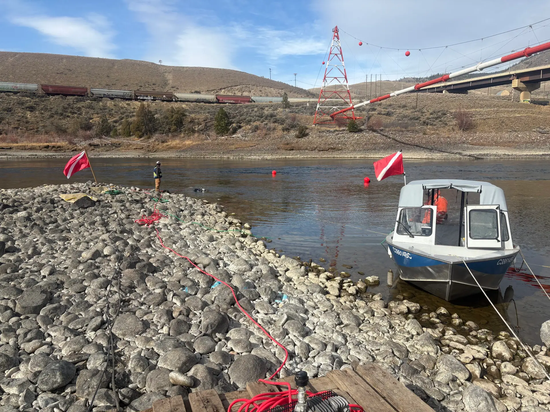Ven-Tech Industrial Diving Services workboat at an infrastructure project