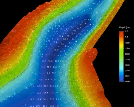 Colour bathymetric LiDAR depth surface generated from aerial survey data