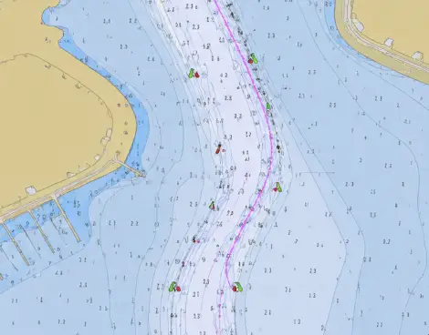 Hydrographic survey navigation chart with soundings and contours